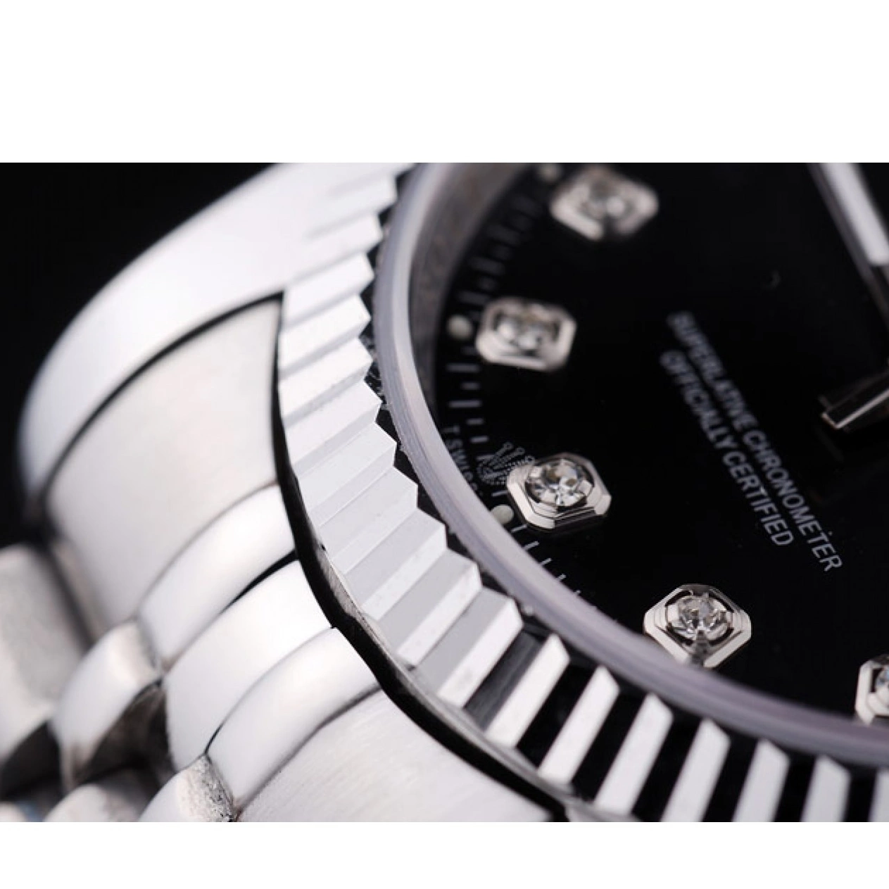 Aaa replica watch Bezel Rolex Dial Datejust Diamonds Black Ribbed 7458 0816